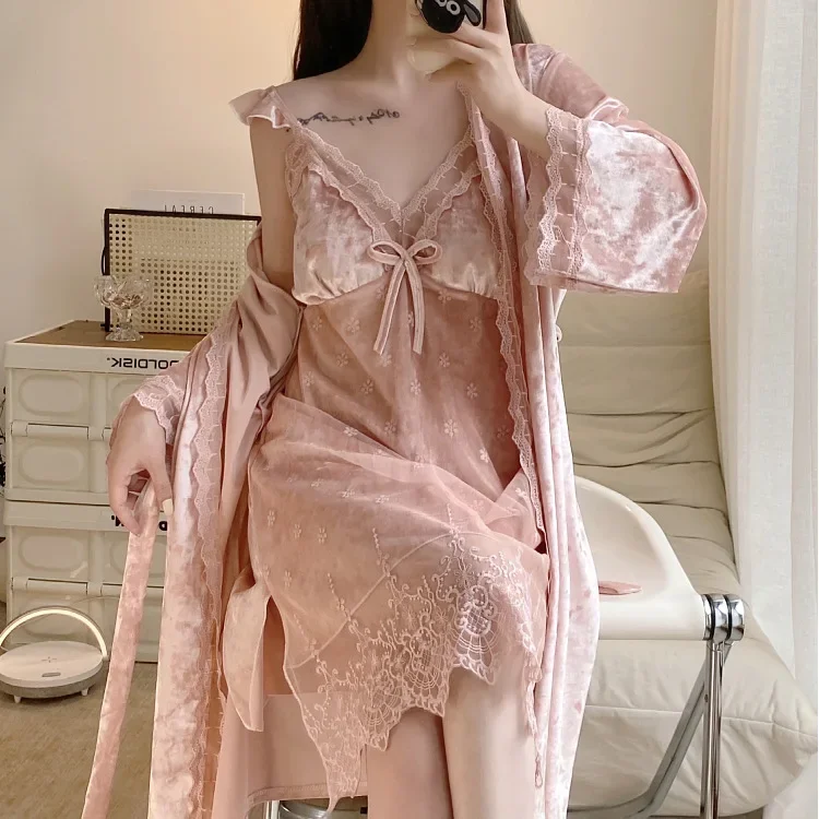 Сексуальное кружевное кимоно халат одежда для сна розовый бархат пижамный