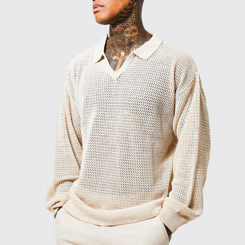 

Fashion Hollow Knitted Polo Shirts Men Autumn Summer Casual Turn-down Collar Long Sleeve Pullovers for Mens Streetwear Tops