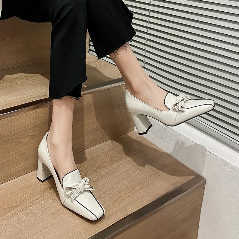 classic women shoes chunky high heel pumps bow tie pointed toe office lady shoes party ladies dress shoes bowtie knot nude pumps