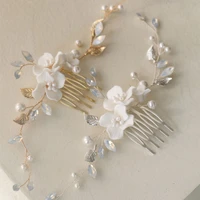 slbridal handmade alloy leaf crystal rhinestones porcelain flower pearls bridal hair comb wedding hair accessories women jewelry