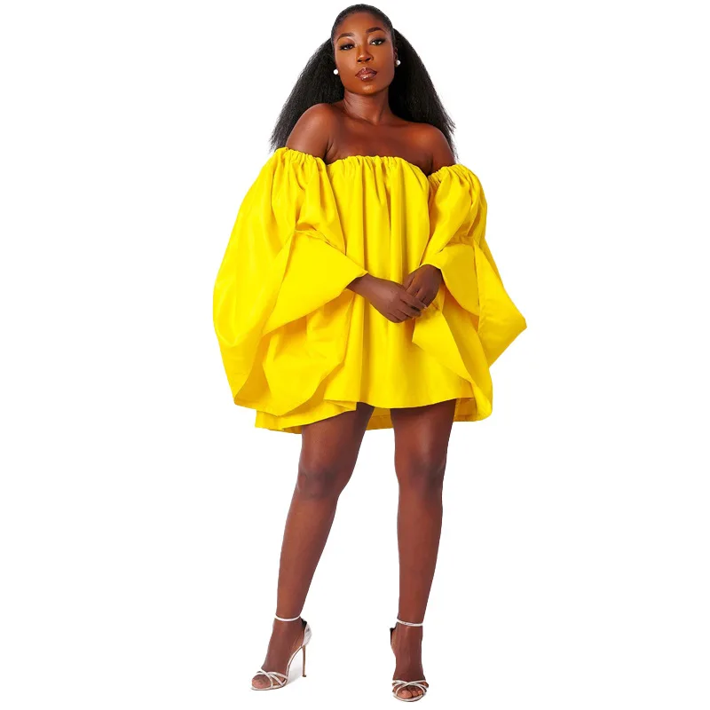 

Shoulder Satin Lantern Sleeve Mini Dress - Loose Pleated Summer Birthday Party Dress with Sexy Evening Style for Women
