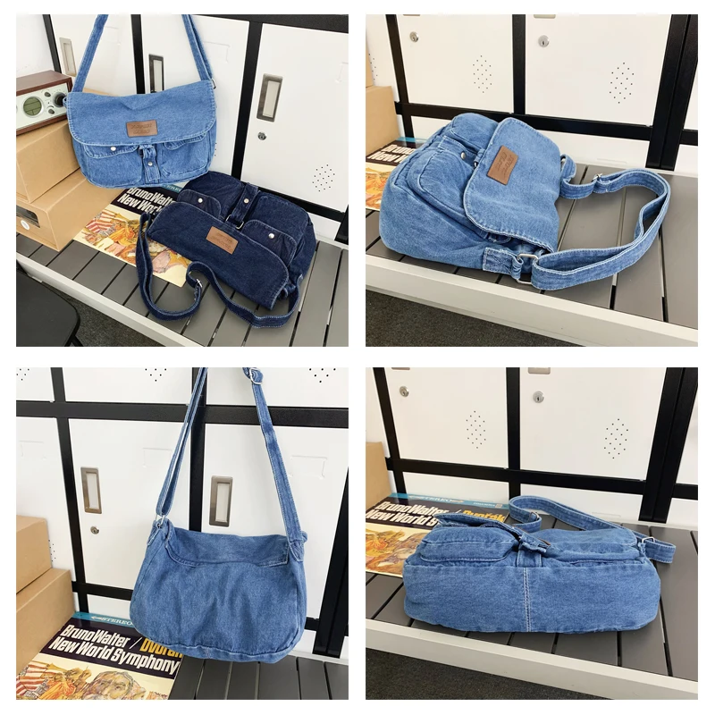 Dark Denim Flap Women's Bag Large Jeans Messenger Bag Y2K Canvas Shoulder Cross Bag Book Eco Bag Korean Shopper Satchel Pockets