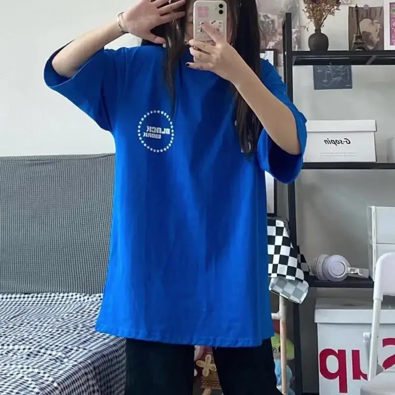 

MINGLIUSILI High Street Tshirts for Women Summer Tops Short Sleeve Streetwear Oversize Black Crew Neck Casual Tee Shirt Femme