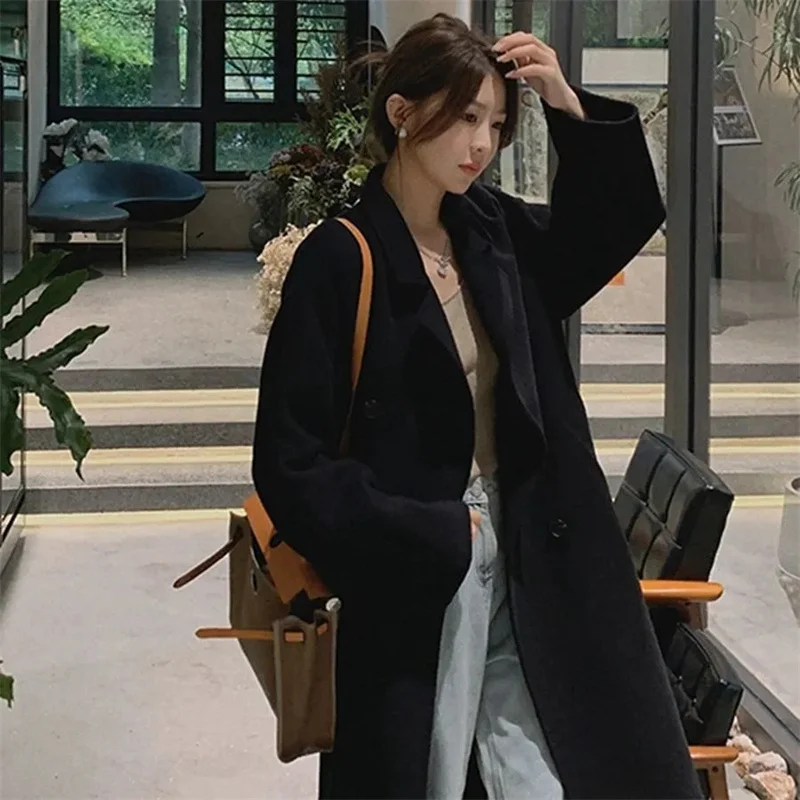Женское двухстороннее шерстяное пальто средней длины в Корейском стиле с