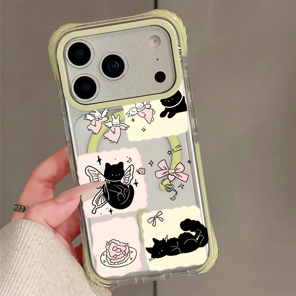 Фото Чехол для iPhone 17 16 15 14 Pro Max, прозрачный, из поликарбоната, с поддержкой беспроводной зарядки, магнитный, с дизайном «Корейская черная кошка с бантом», для iPhone 17 Pro №3