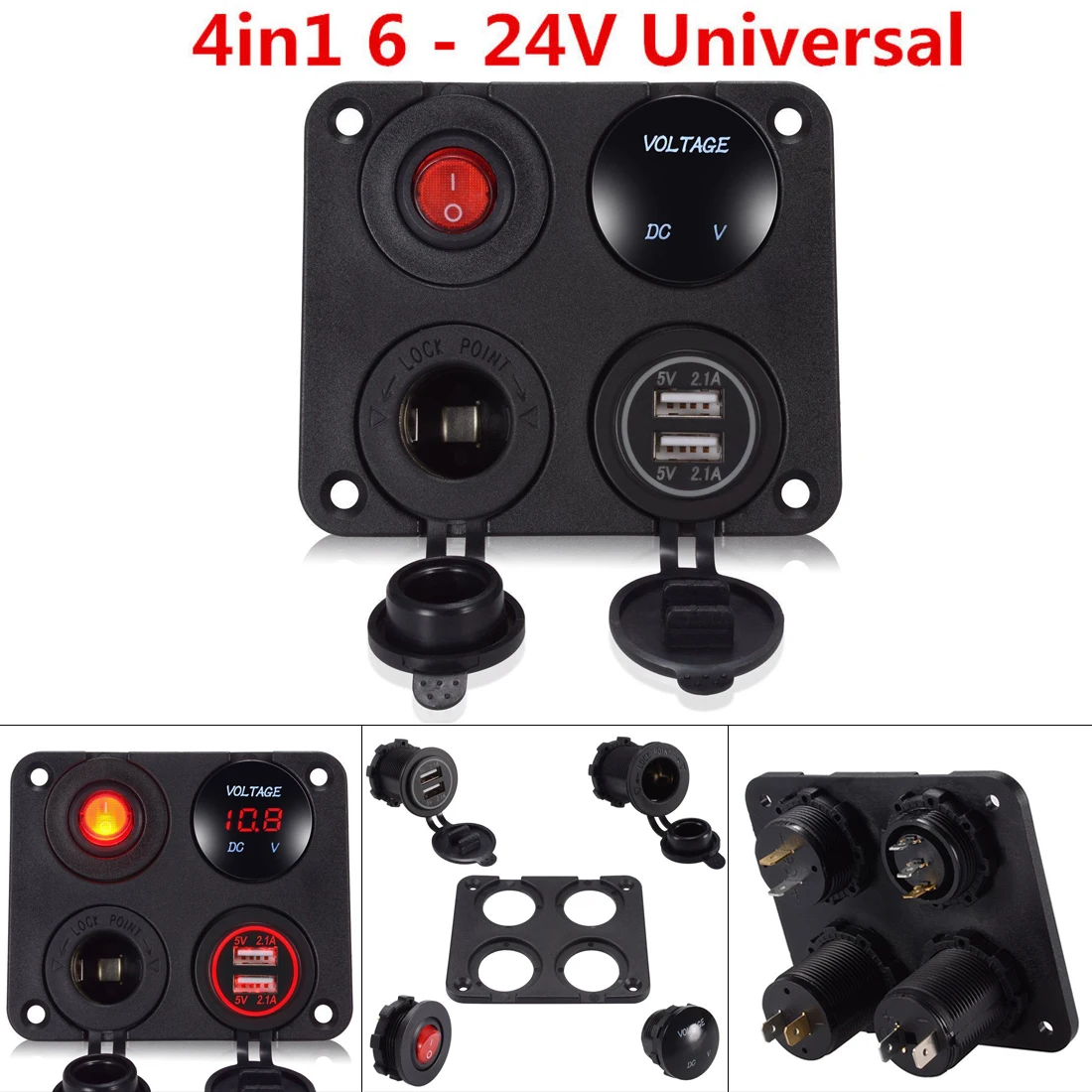 

USB Car Charger 4 in 1 Universal 6 - 24V LED Dual USB Port Car Charger + Voltmeter + 12V Power Socket + On-Off Switch For Car