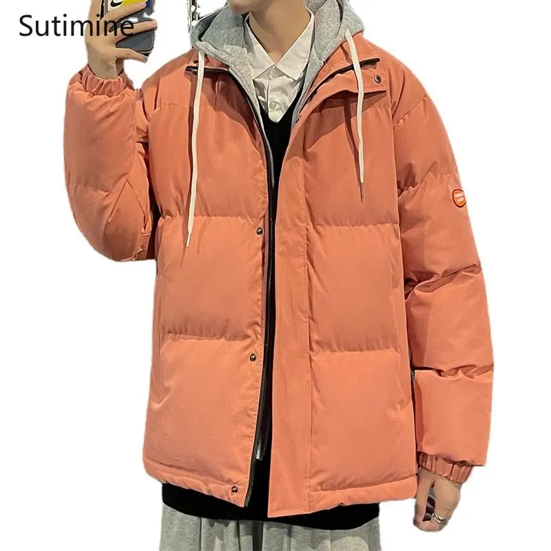 Winter Coat Casual Stand False Two Piece Cotton Padded Clothes Loose Hooded Pockets Zipper  Coat Men Winter