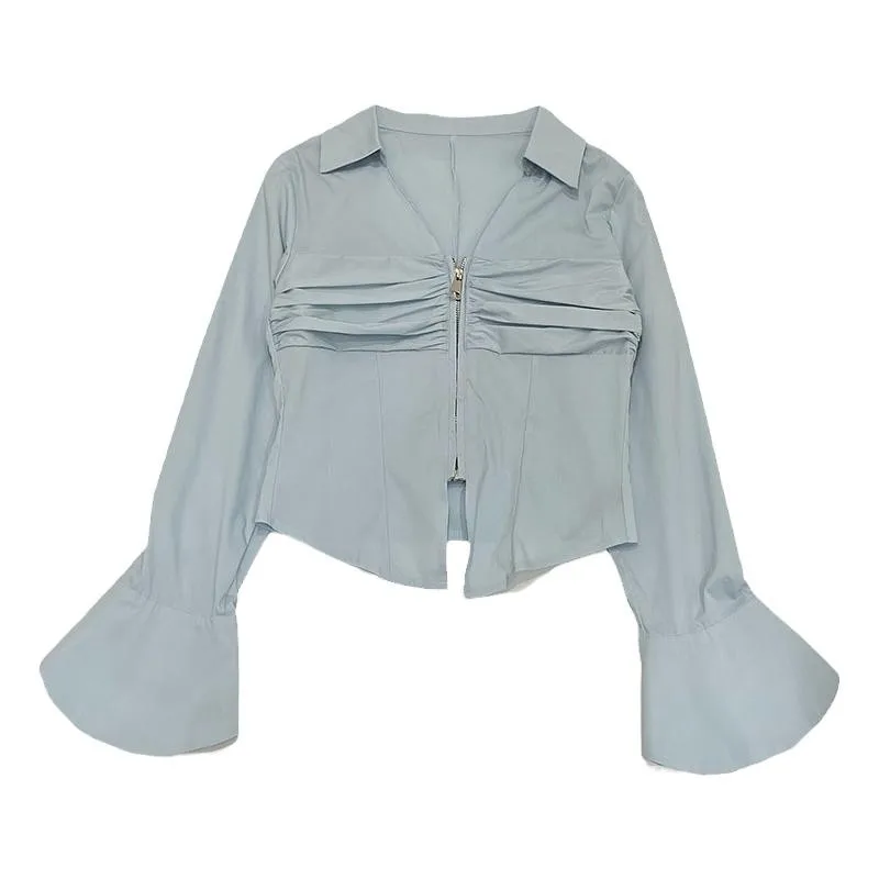 Женская рубашка с длинным рукавом Голубая универсальная короткая блузка в