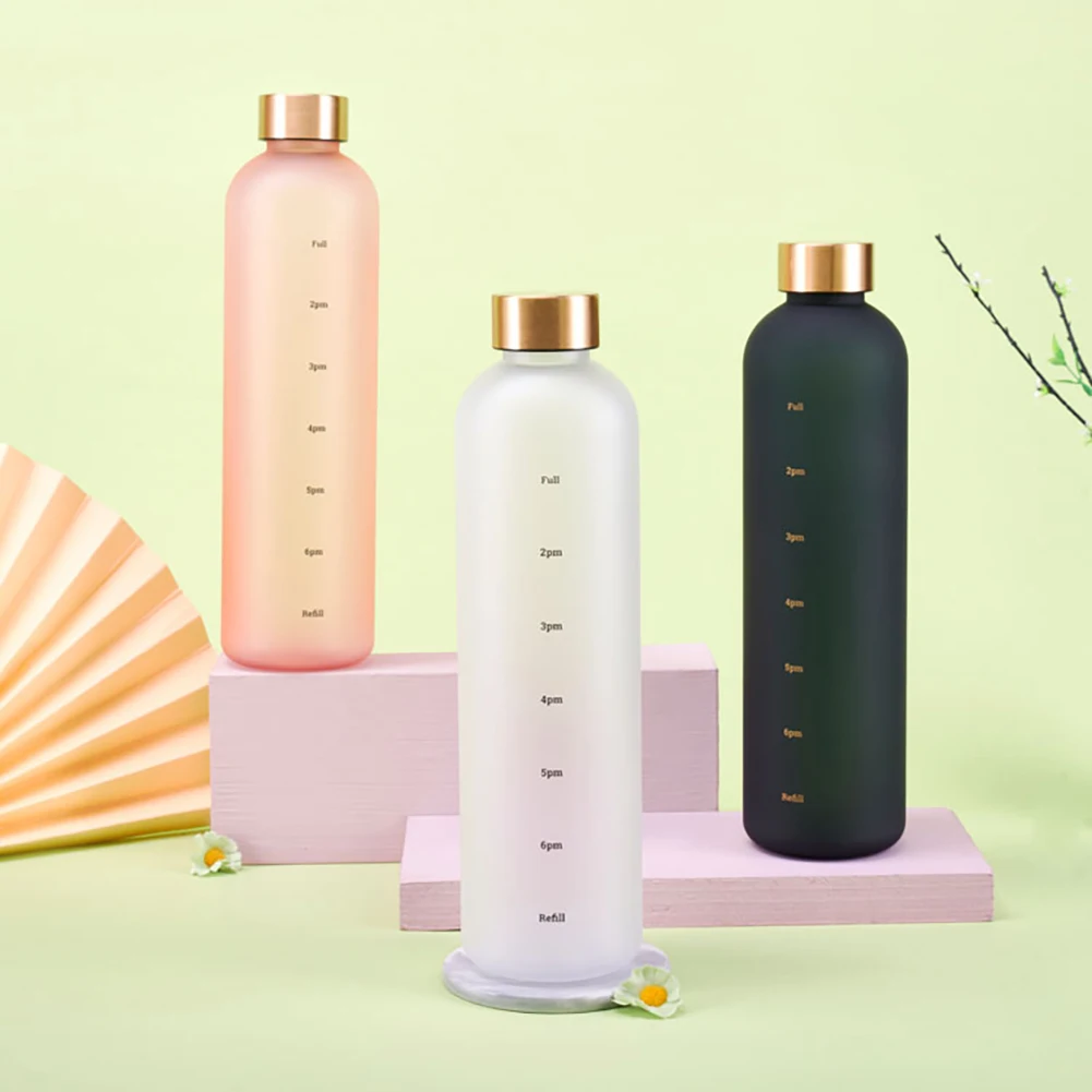 

1L Water Bottle With Time Marker 32OZ Motivational Reusable Fitness Sports Outdoors Travel Leakproof BPA Free Frosted Plastic