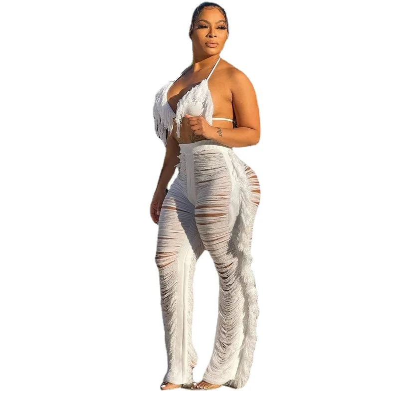 

2023 B Summer Vest Suspenders Fringed Wide-Leg Pants B Sexy Two-Piece Suit Condole Belt White Tassel Suits Lady High Elastic