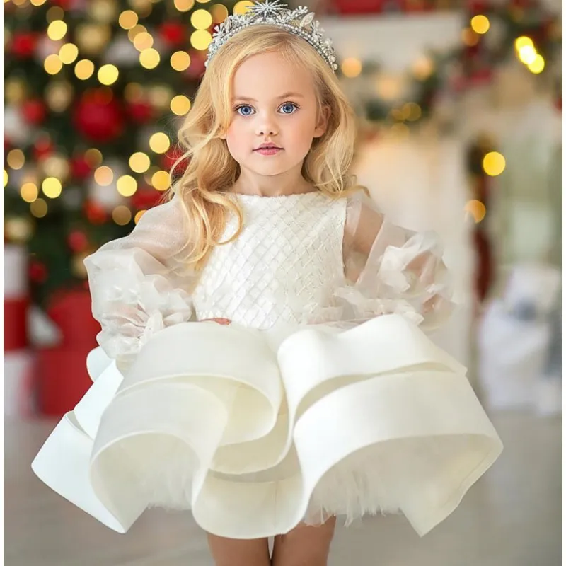 

2023 Banquet Dress for Baby Girls Kids Princess White Ball Gowns for Formal Parties Children Elegant Layered Gauze Partywear