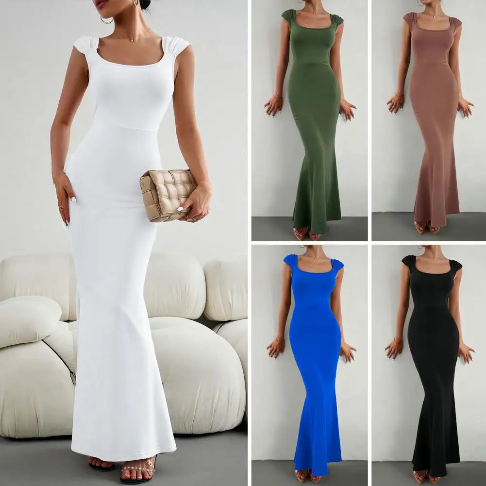 

Bodycon Dress Chic Women's Square Collar Sleeveless Knit Dress Pleated Shoulders Solid Color Slim Fit Hip Wrapped Bodycon Maxi