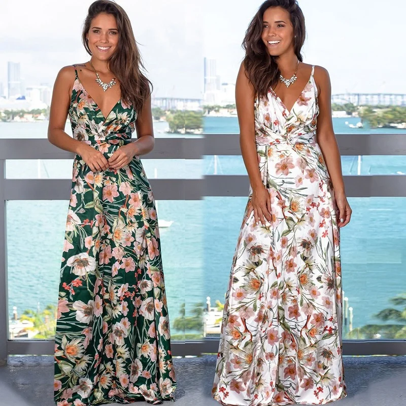 

Sling Cross Back Women V neck Party Night Elegant Sexy Maxi Summer Dresses 2023 Multicolor Tropical Jungle Leaf Boho Long Dress