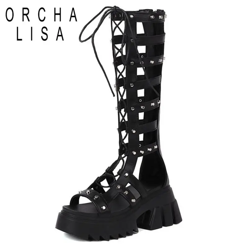 

ORCHA LISA Women Knee High Sandals Peep Toe Thick Heel Rivets Cross Tied Straps Punk Platform Plus Size 36-43 Black Summer S3607