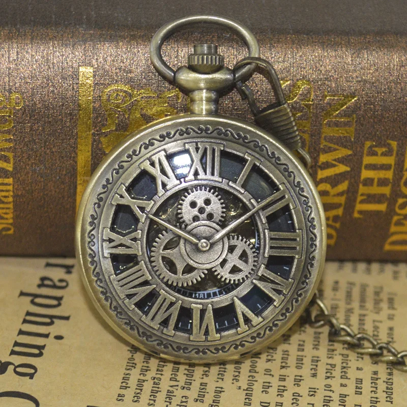 Luxury Steampunk Gear Mechanical Pocket Watch for Men Women Hollow Skeleton Case Roman Numerals Dial Fob Chain Pendant Clock