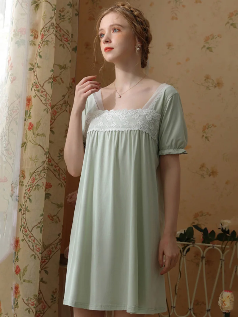 Women Summer Cotton Victorian Fairy Nightgowns Short Sleeve Ruffles Nightdress Vintage Princess Pajamas Sweet Loose Sleepwear