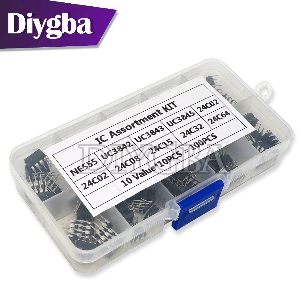 Набор DIP IC 100 шт./лот общего назначения NE555 UC3842 UC3843 UC3845 24C02 24C04 24C08 24C16 24C32 24C64 каждый 10