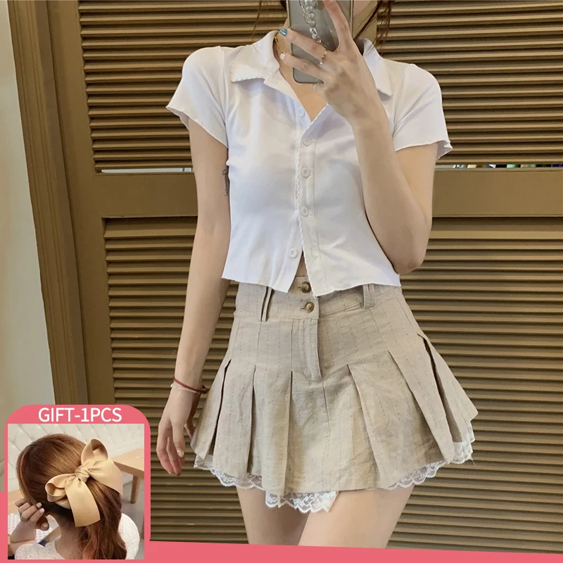 Women Schoolgirls Cocktail Party Clubwear Sexy Skirts Short Mini Skirt with Lace Hem Pleated Solid Color A-line |