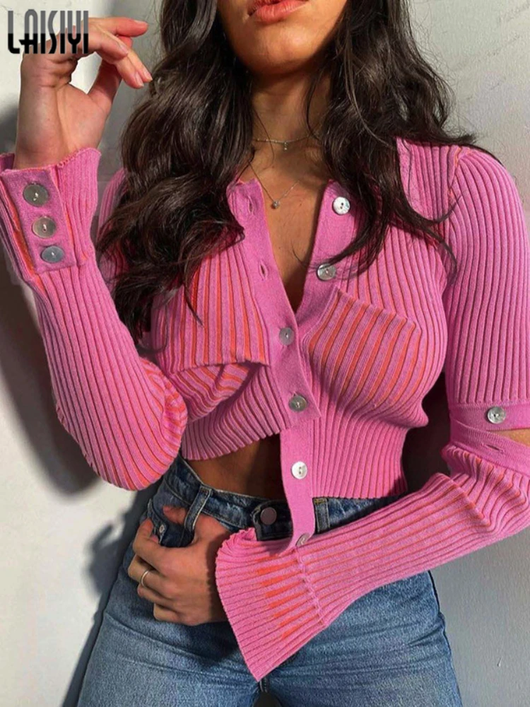 

Pink Cardigan Women Long Sleeve Crop Top Autumn Winter New Fashion Irregular Single Breasted Sweaters Jumpers Women's Clothing