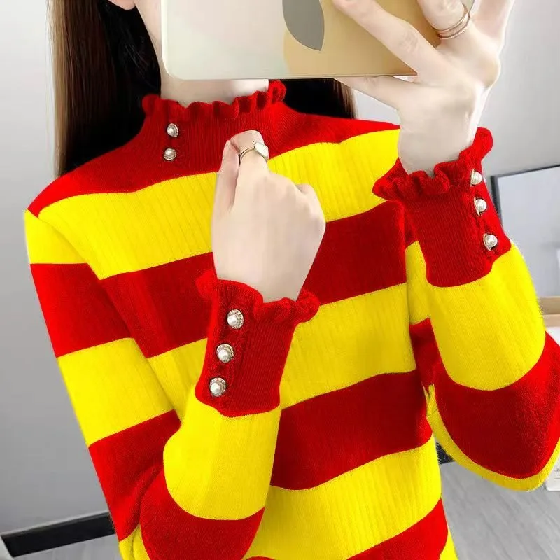 Полуводолазка с длинными рукавами женский осенний 2024 новый вязаный полосатый