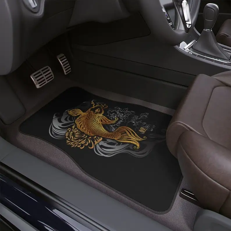 

car floor mat, koi fish, goldfish, cute car accessories for teens, japanese letters, kanji, women, futuristic, pink, T