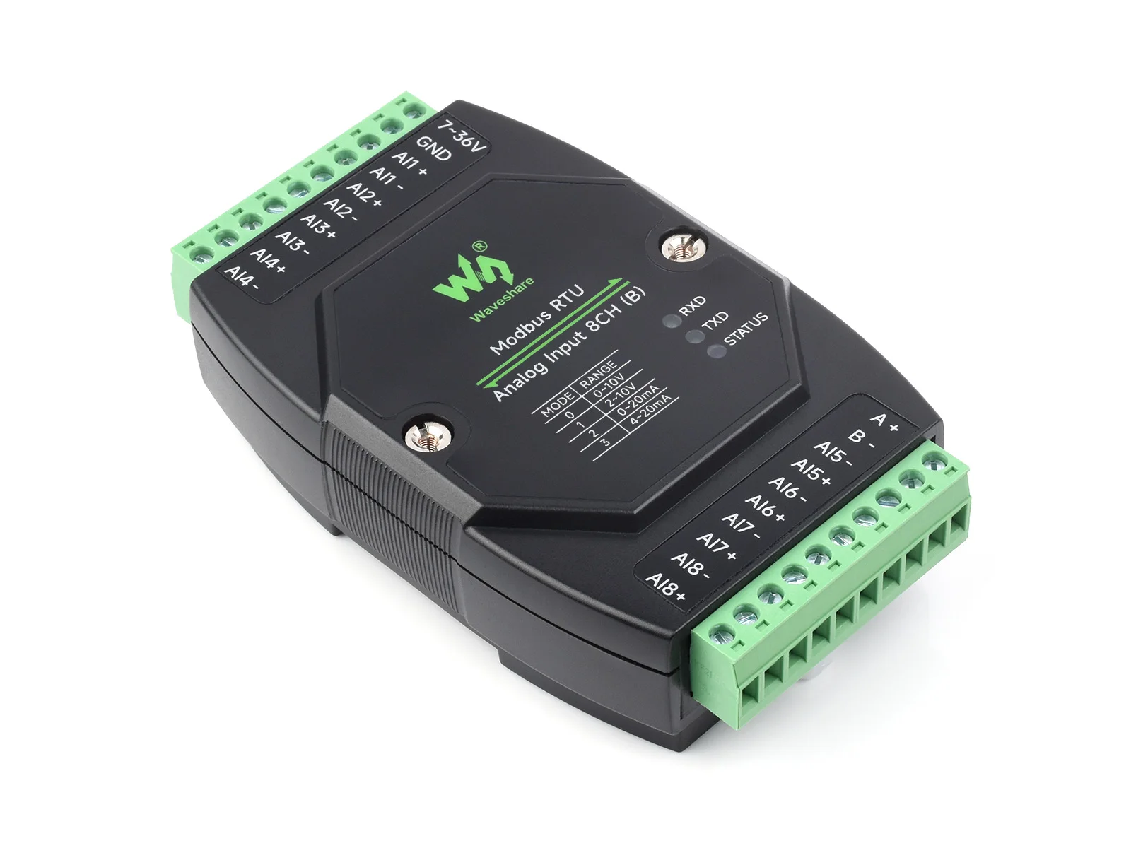Фото Промышленный аналоговый вход Waveshare Modbus RTU, 8 каналов, Modbus RTU, 12-битный высокоточный, поддерживает сбор напряжения и тока №1