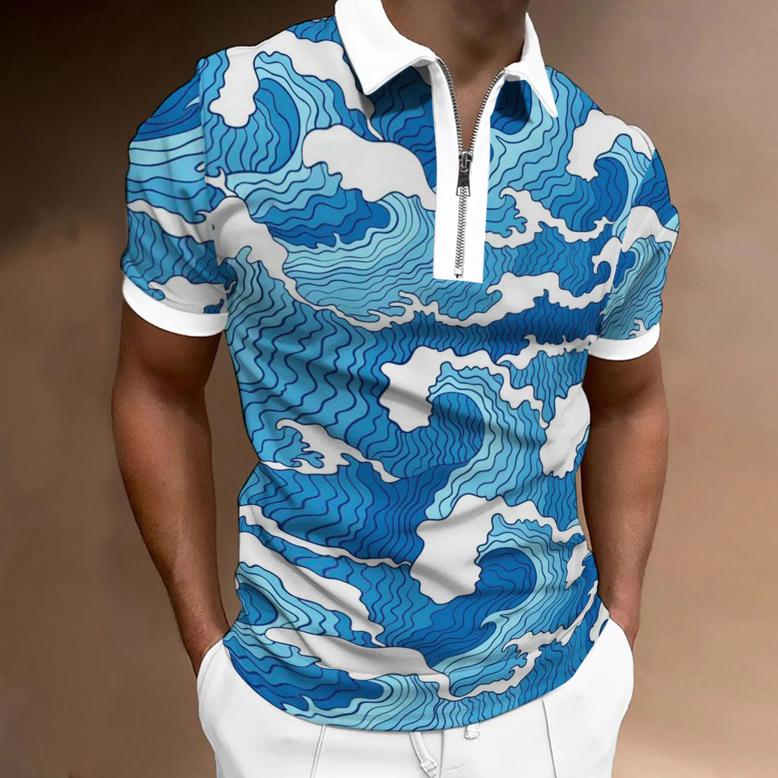 

Рубашка мужская с воротником-стойкой, модная повседневная свободная водолазка на молнии, с отложным воротником и короткими рукавами, весна-...