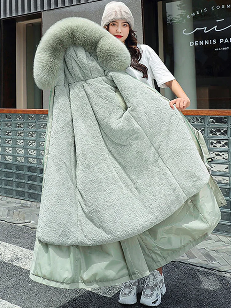 

New Autumn Winter Women Thick Warm Hooded Big Fur Collar Long Parka Casual Female Wool Liner Cotton Coat Snow Outwear