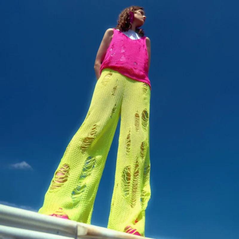 

Knitted Ripped Hole Pants Women Neon Color Wide Leg Pants 2023 Autumn Y2K Streetwear Outfits Workout Distressed Sweater Trousers