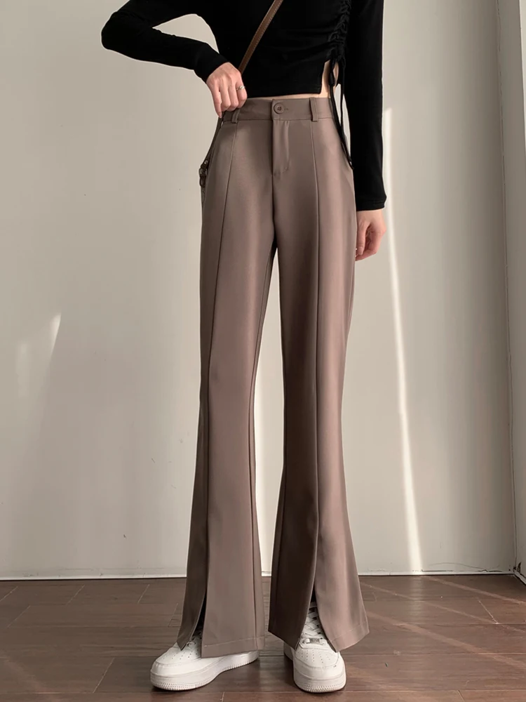 

Slit Flared Pants Women's Chic Spring 2022 High Waist Causl Long Pants Flared Fashion Elegant Suit Trousers Brown Full Length