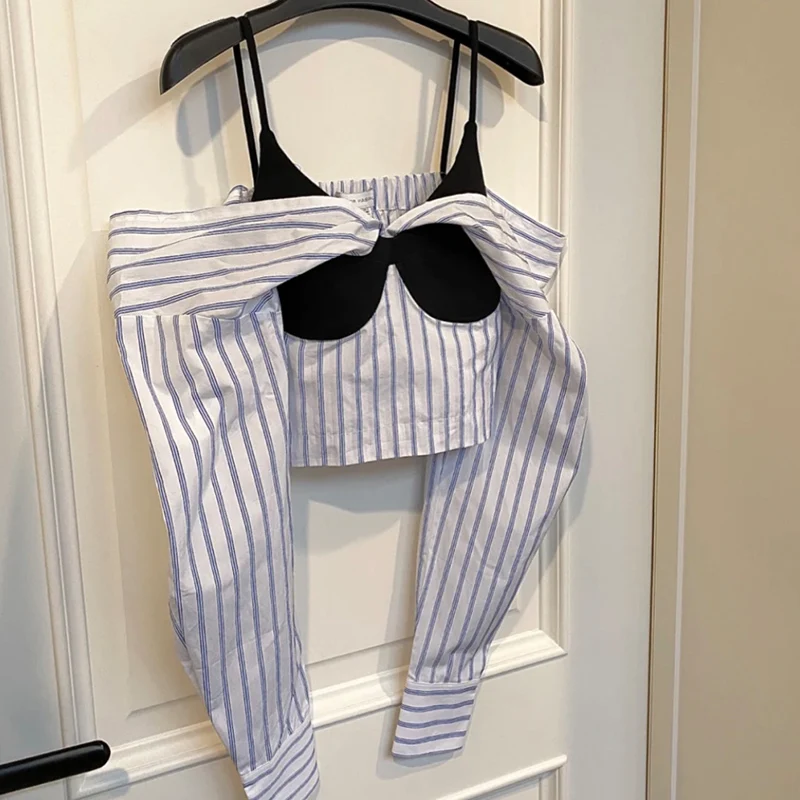 

VANOVICH Korean Style Spring 2023 New Design Patchwork Slash Neck Casual Shirt Women Striped Fashion Temperament Pullover Top