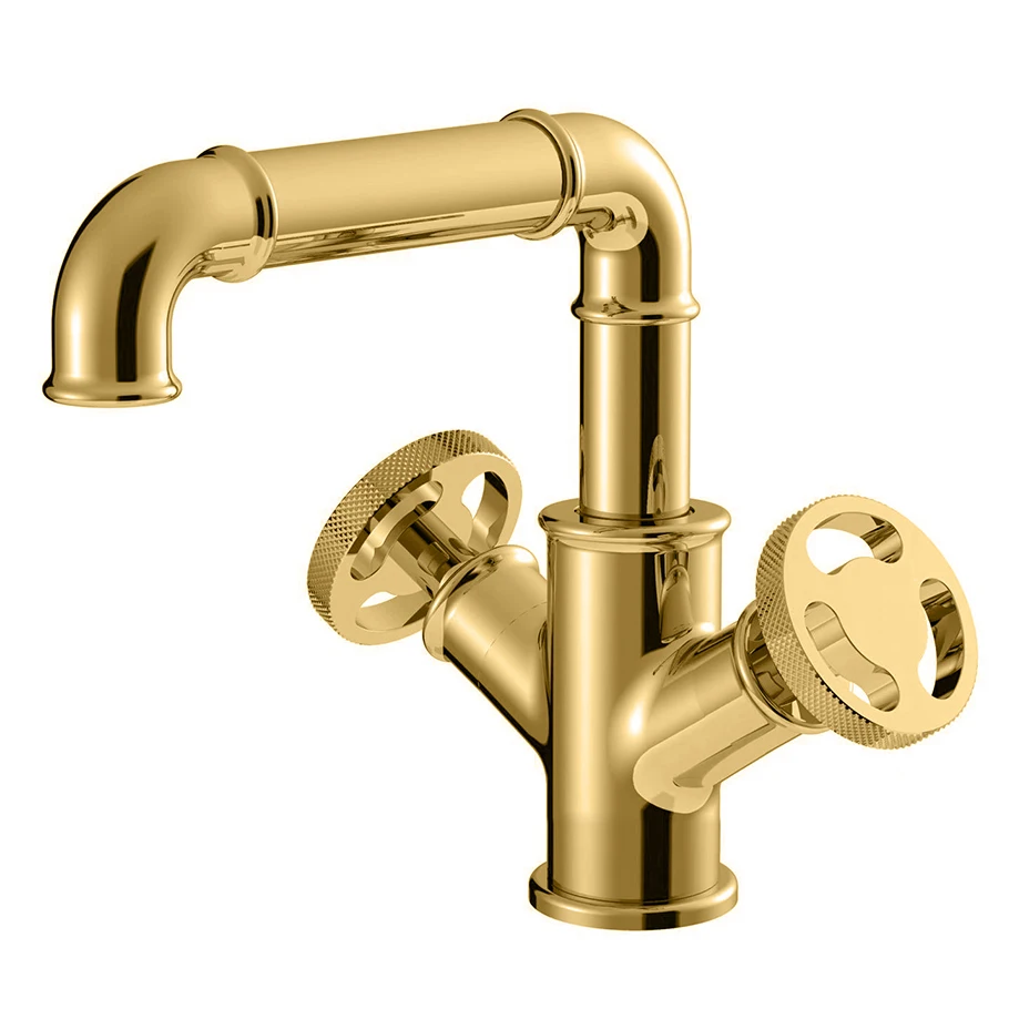 

Basin Faucets Gold Brass Bathroom Faucets Industrial Style Sindle Hole Dual Handle Contemporary Water Mixer Tap WF-F20A05KP