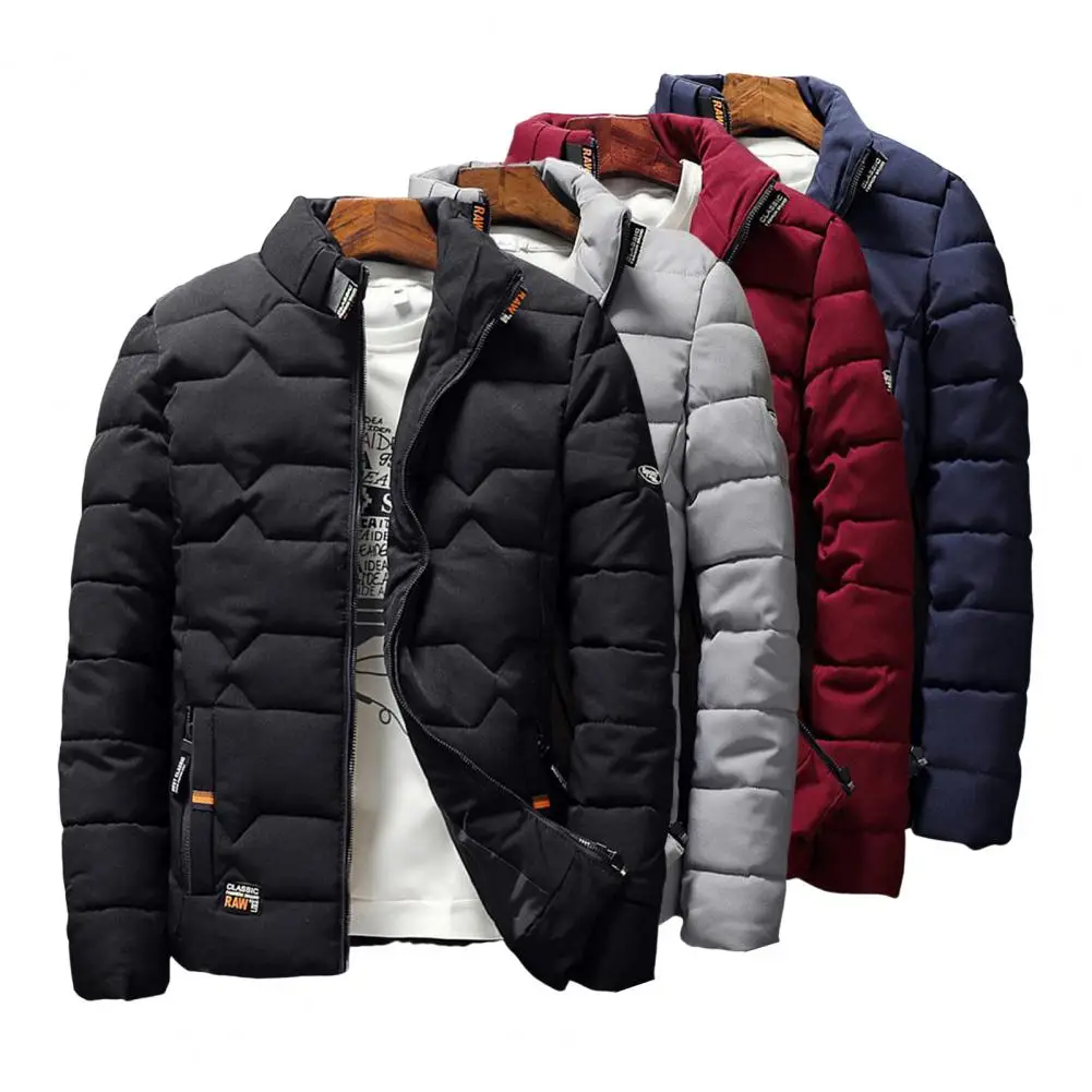 Autumn Winter Men Jacket Cotton Padded Solid Color Stand Collar Warm Coldproof Pockets Coat Streetwear