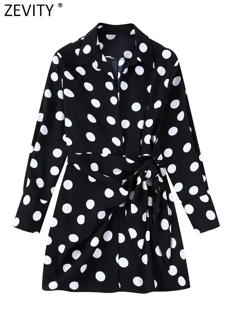 

Zevity Women Fashion Turn Down Collar Polka Dots Print Side Knotted Mini Shirt Dress Female Chic Long Sleeve Vestidos DS2043