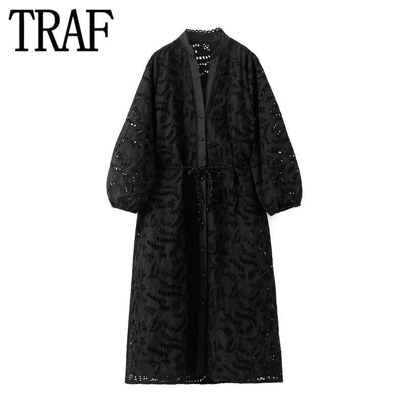 

TRAF Cut Out Black Dress Woman Embroidery Elegant Long Dresses For Women 2023 Puff Long Sleeve Summer Loose Women's Dress