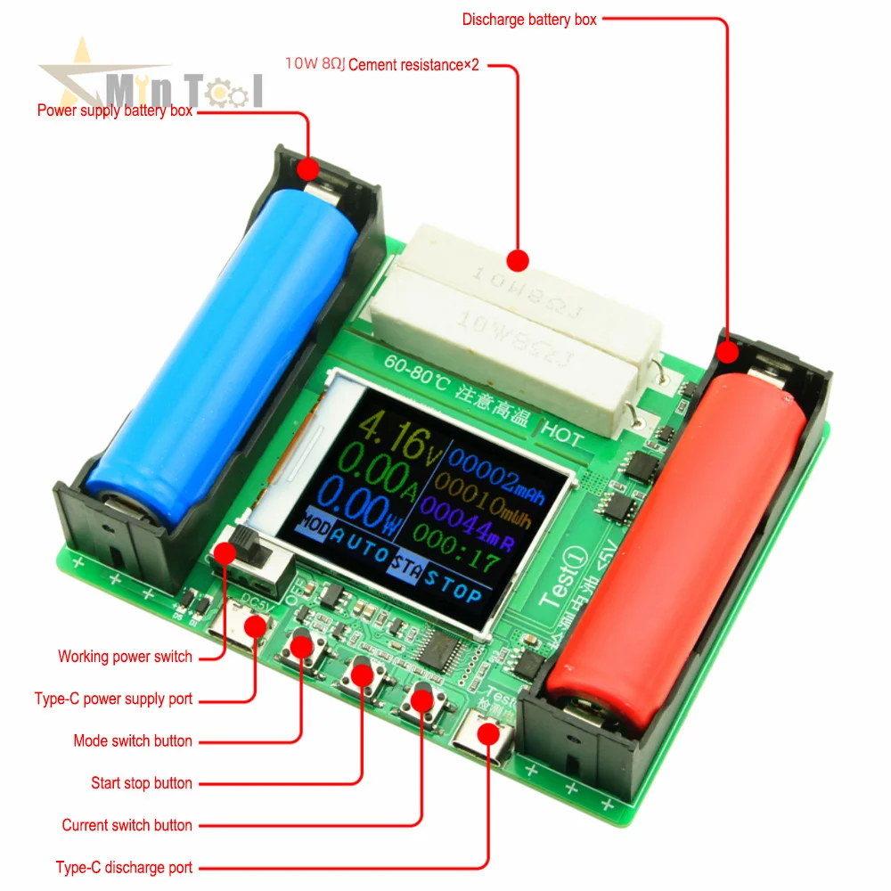 

Измеритель емкости аккумулятора Mwh, тестер емкости аккумулятора Type-c, цифровой детектор мощности литиевого аккумулятора 18650 мАч