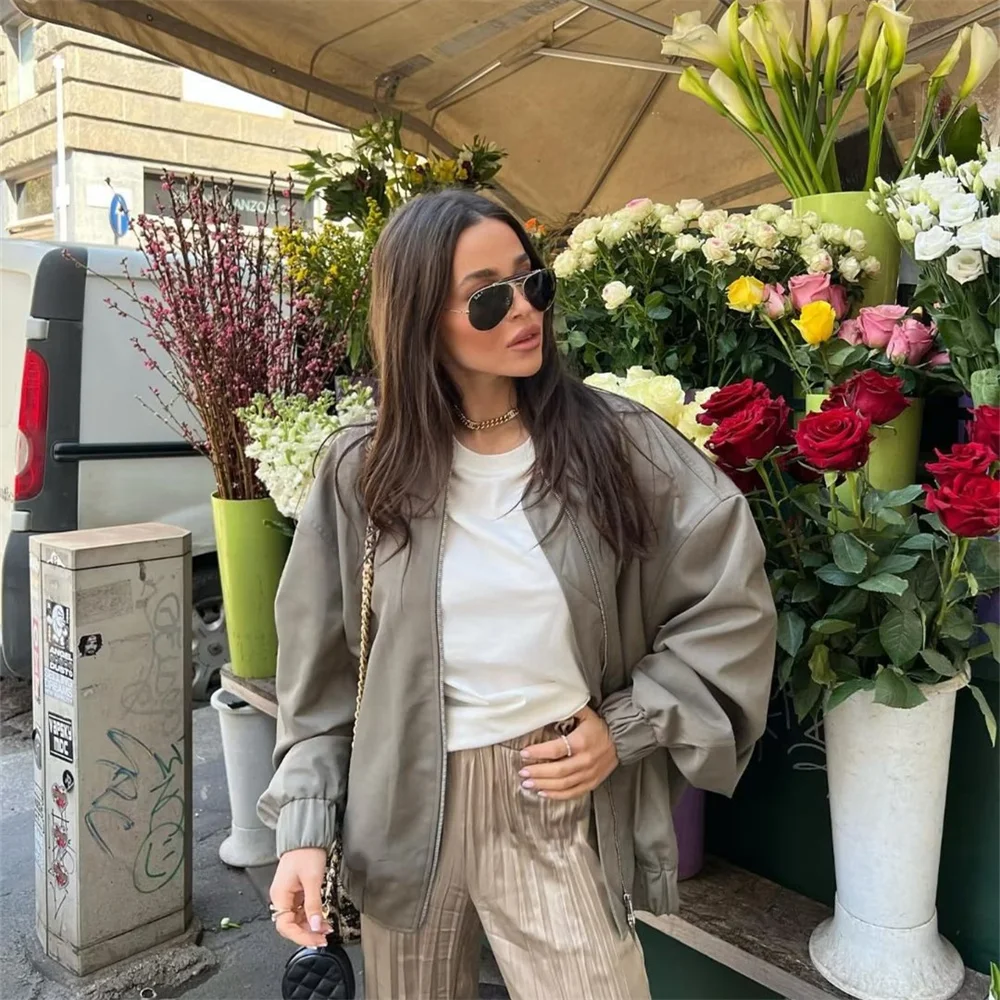 

2022 Autumn New Women Clothing European and American Loose Version Double Pocket Bomber Jacket Solid Color Jacket Casual Coat