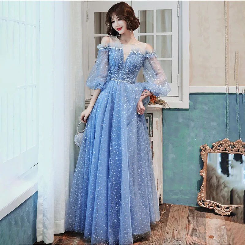 

Elegant Boat Neck Evening Dress Sequins Three Quarter Sleeves A-Line Lace Up Pleat Floor-Length Woman Formal Party Gowns A2015