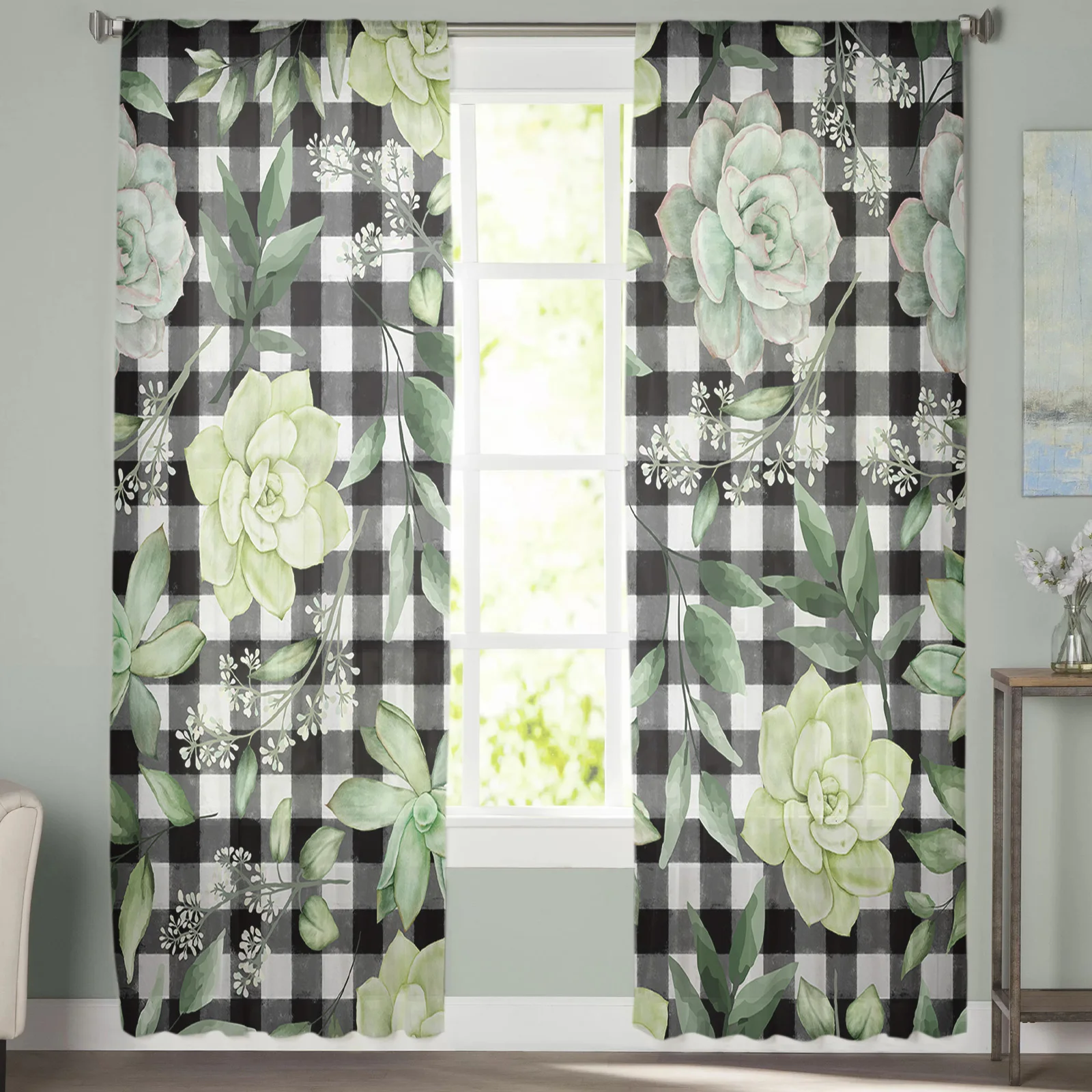 

Leaves Succulents Tile Plaid Tulle Curtains For Living Room Bedroom Decoration Luxury Voile Valance Sheer Curtains For Kitchen