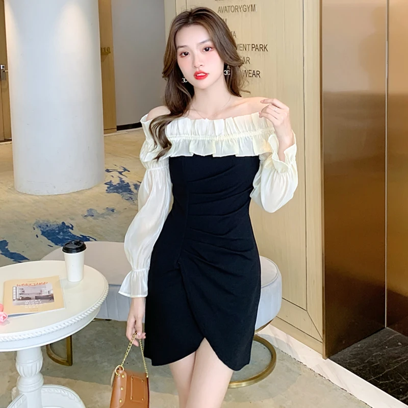

Women Black Chiffon Puff Sleeve Off Shoulder Sexy Club Mini Dress 2022 Spring Autumn Korean Chic Elegant Bodycon Party Vestidos