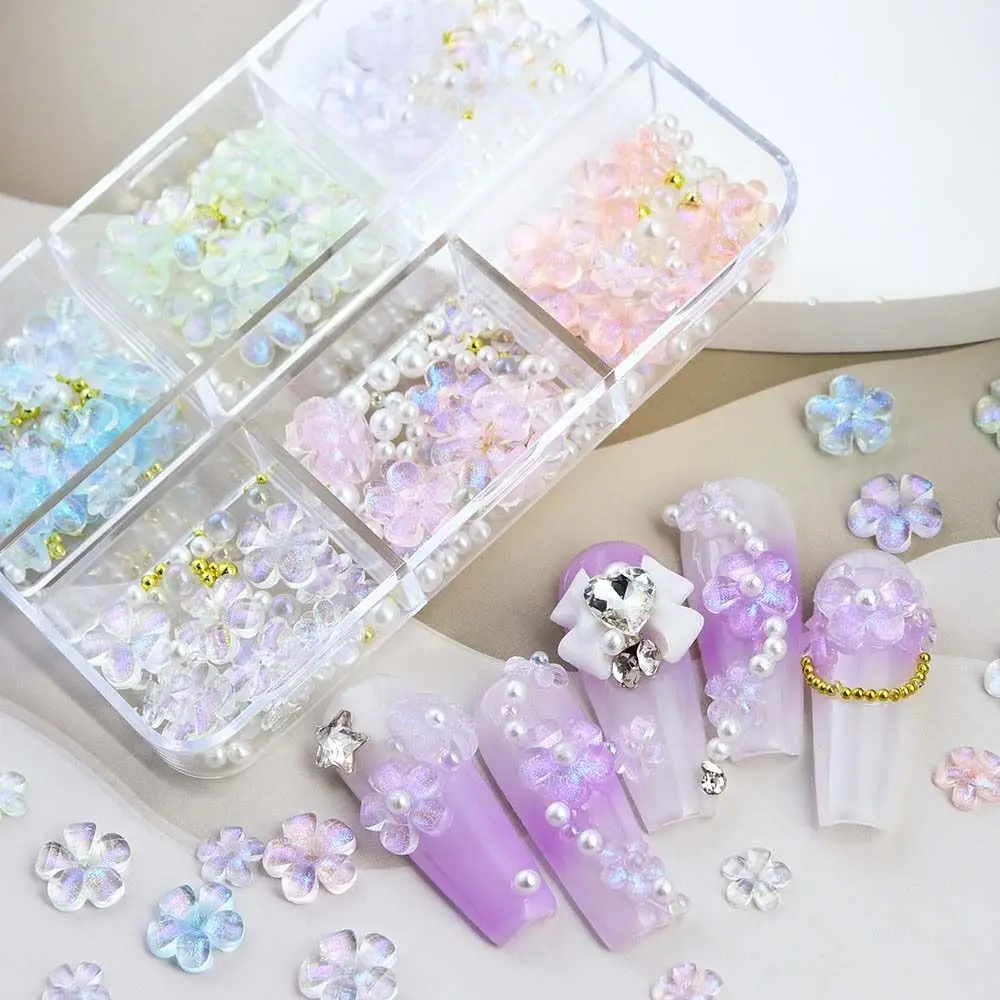 

1Box Mixed Color Flowers Five-petaled Flowers Charms Pearl Steel Ball Flowers Nail Accessories 3D Resin Manicure Material