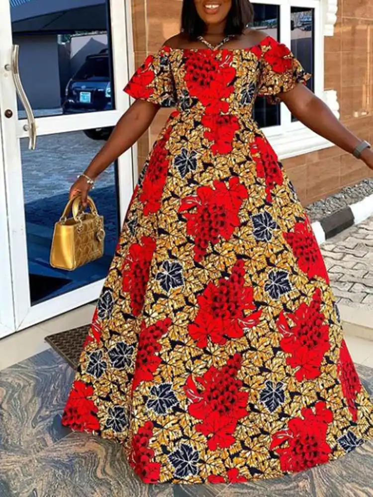 

Платье VONDA 2022 с открытыми плечами, богемное женское сексуальное длинное платье макси с расклешенным рукавом и принтом, Повседневное платье, ...