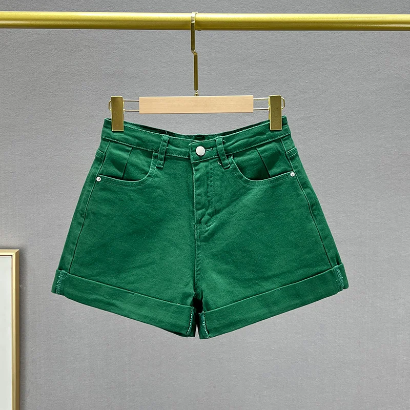 Women's Flanging Denim Shorts 2023 New Summer High Waist Loose Slimming All-Matching Candy Color Wide Leg Hot Jean Pants Fashion