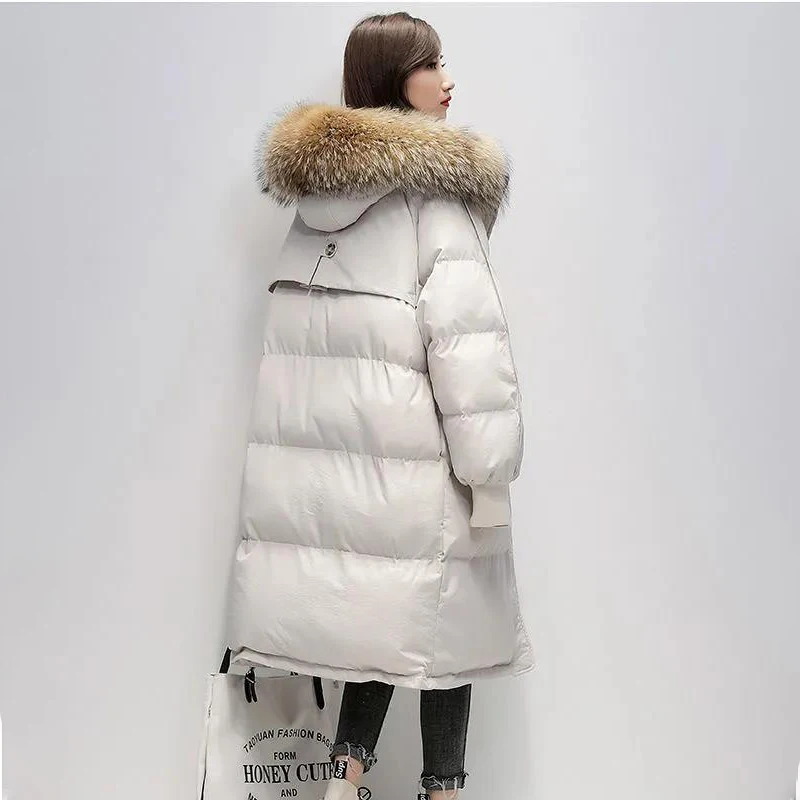 Women's Winter Cotton-padded Jacket Korean Stye Large Fur Collar Hooded Long Down Cotton Parkas Warm Loose Clothing Women Coat