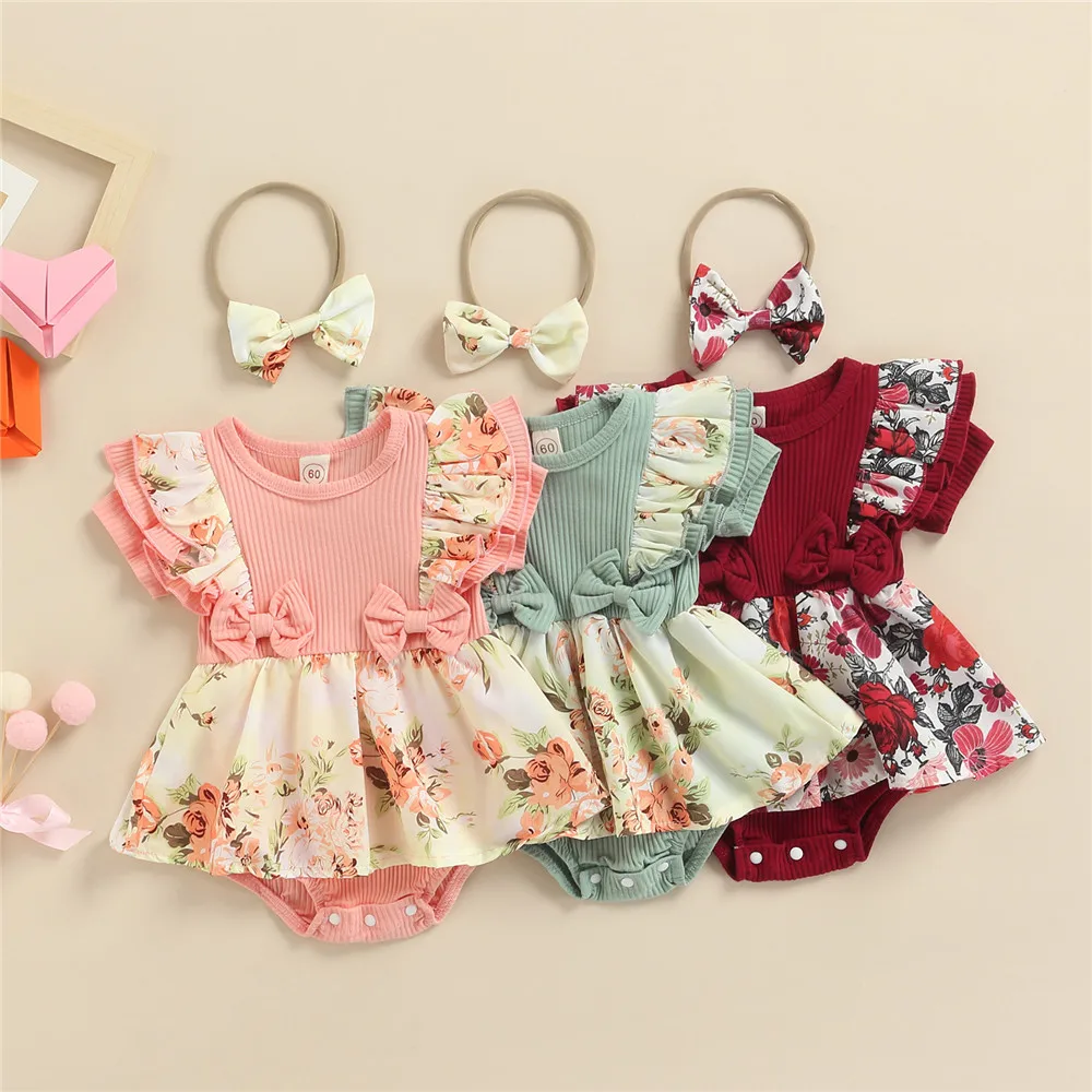 

Baby Girl Floral Print Romper Dress Bow Ruffle Bodysuits Headband 0-18M Newborn Infant Toddler Summer Short Sleeve Jumpsuits
