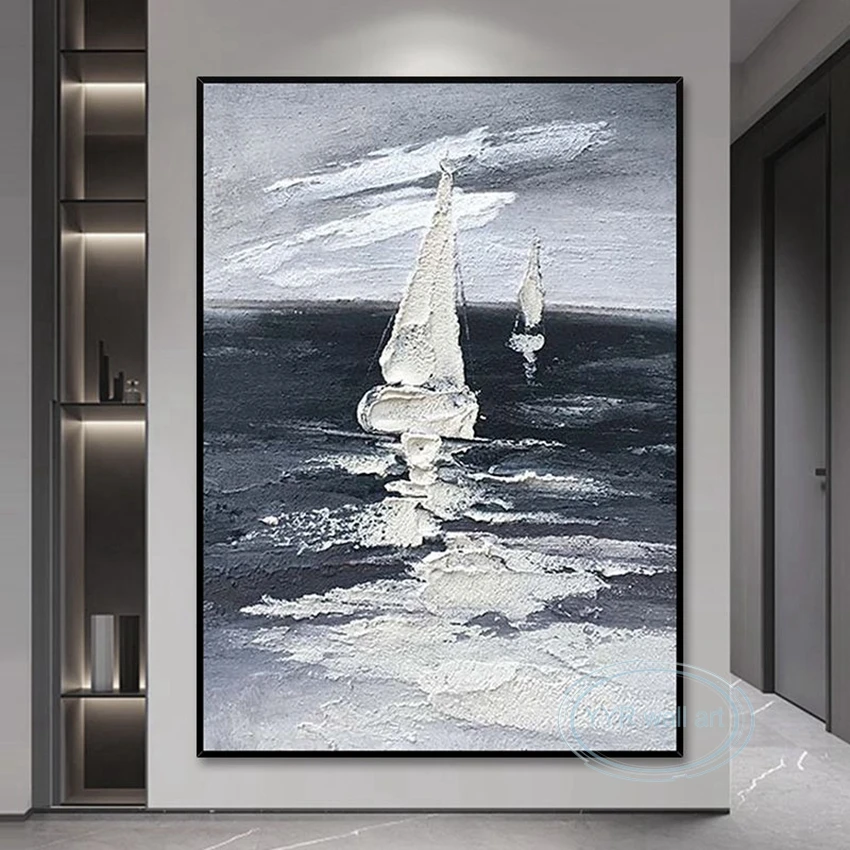 

Black White Art Canvas Handmade Oil Painting Abstract Sailboat Seascape Wall Decor Poster Living Room Bedroom Porch Custom Mural
