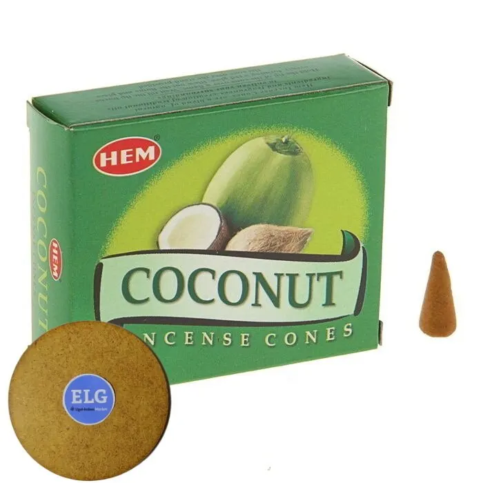 Фото Благовония HEM конусы Coconut (Кокос) упаковка 10 конусов+ подставка ELG | Дом и сад