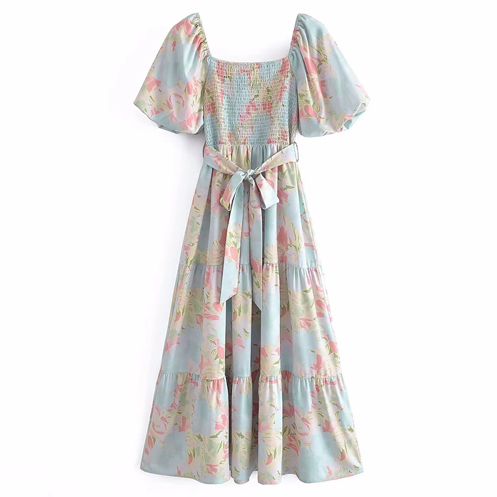 

PB&ZA Elegant Women's Dresses for Party 2022 Floral Print Long Dress Square Collar Short Sleeve Holiday Vestidos Female Sundress