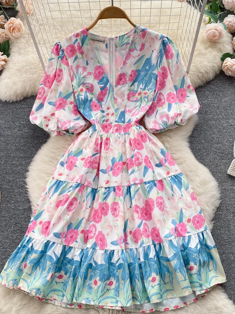 

FMFSSOM летнее женское платье с пузырьковым рукавом, V-образным вырезом, высокой талией, тонкое платье с принтом, женские модные повседневные Эл...