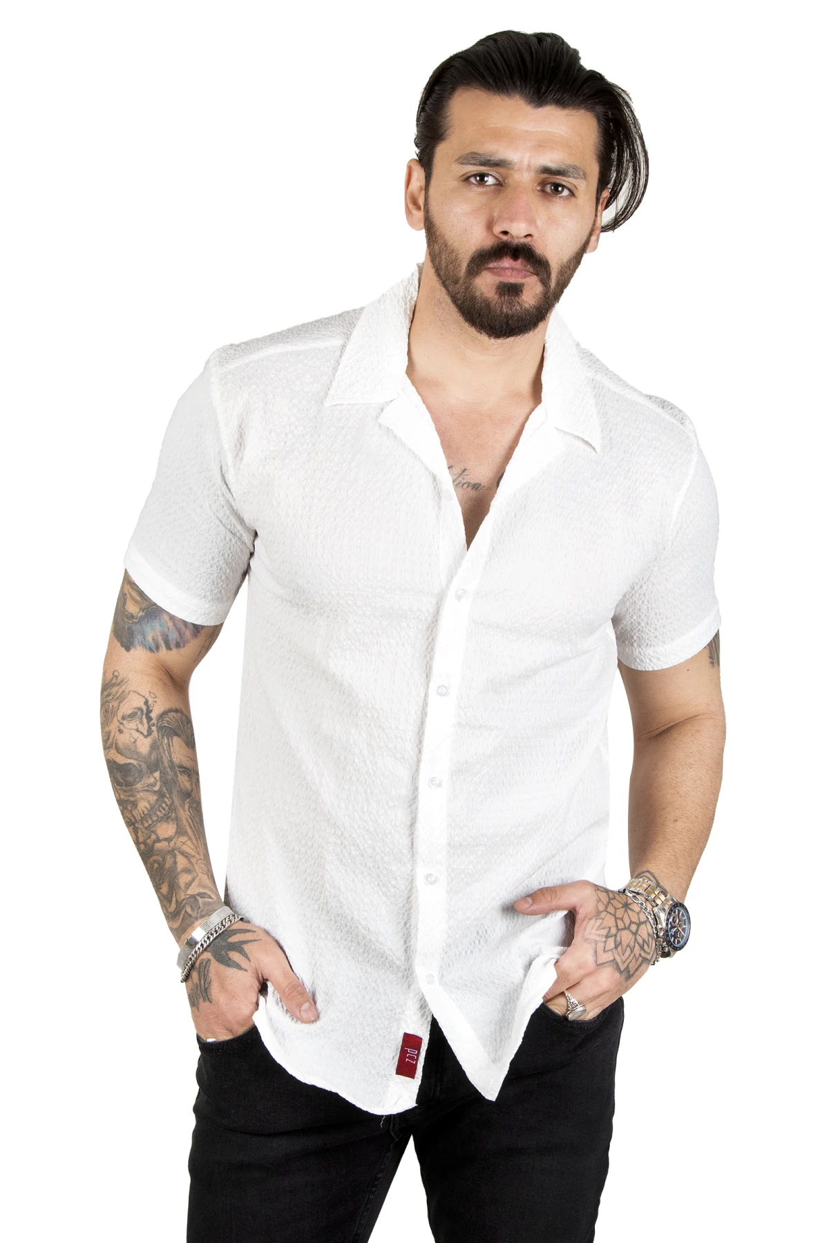 DeepSEA creasing fabric buttoned lycra applique collar short sleeve men's shirt 2104042
